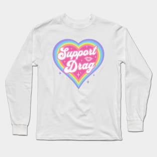 Support Drag Retro Rainbow Heart LGBTQ Kawaii Cute Gay Pride White Back Long Sleeve T-Shirt